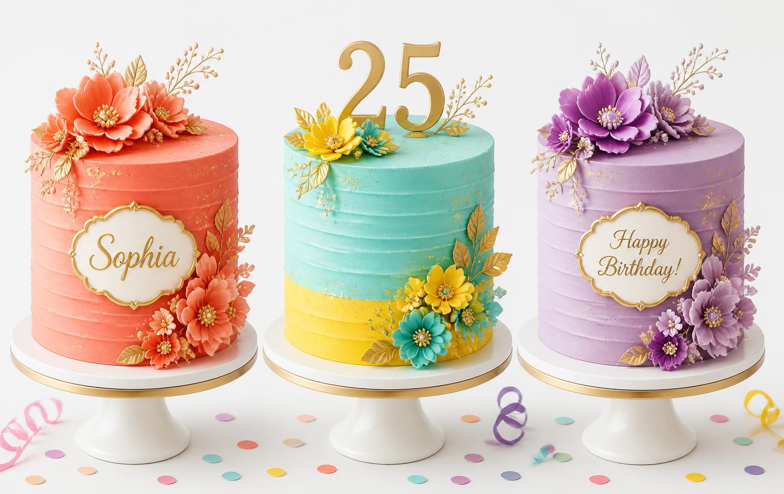 The same celebration cake personalised in coral, turquoise and lilac